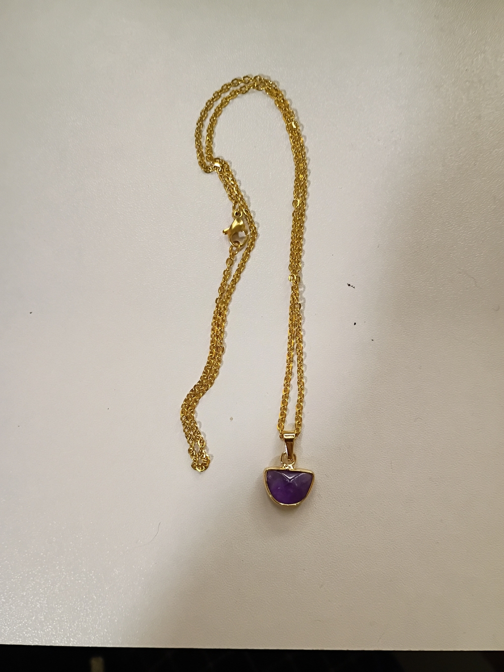 18" Gold Plated Amethyst Half Moon Crescent Bezel Pendant Necklace